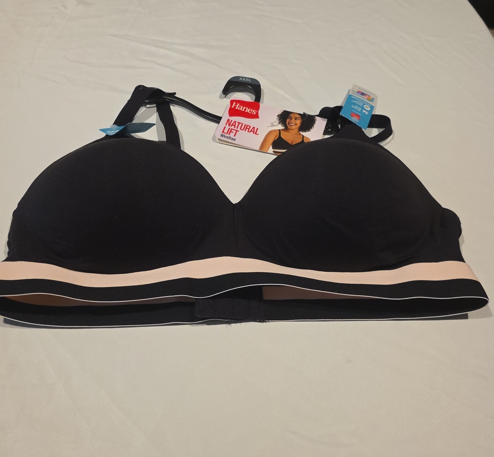 Hanes Black Wirefree Bra with Cream Band